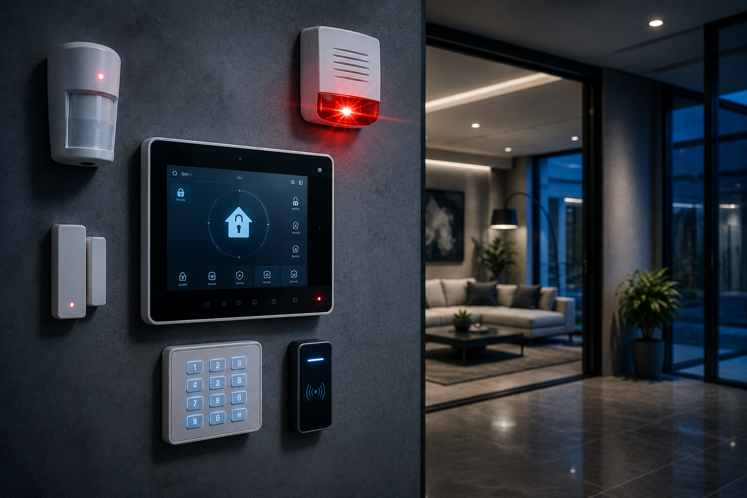 Intrusion alarm control panel with motion sensor, door contact, keypad and siren mounted on a hallway wall